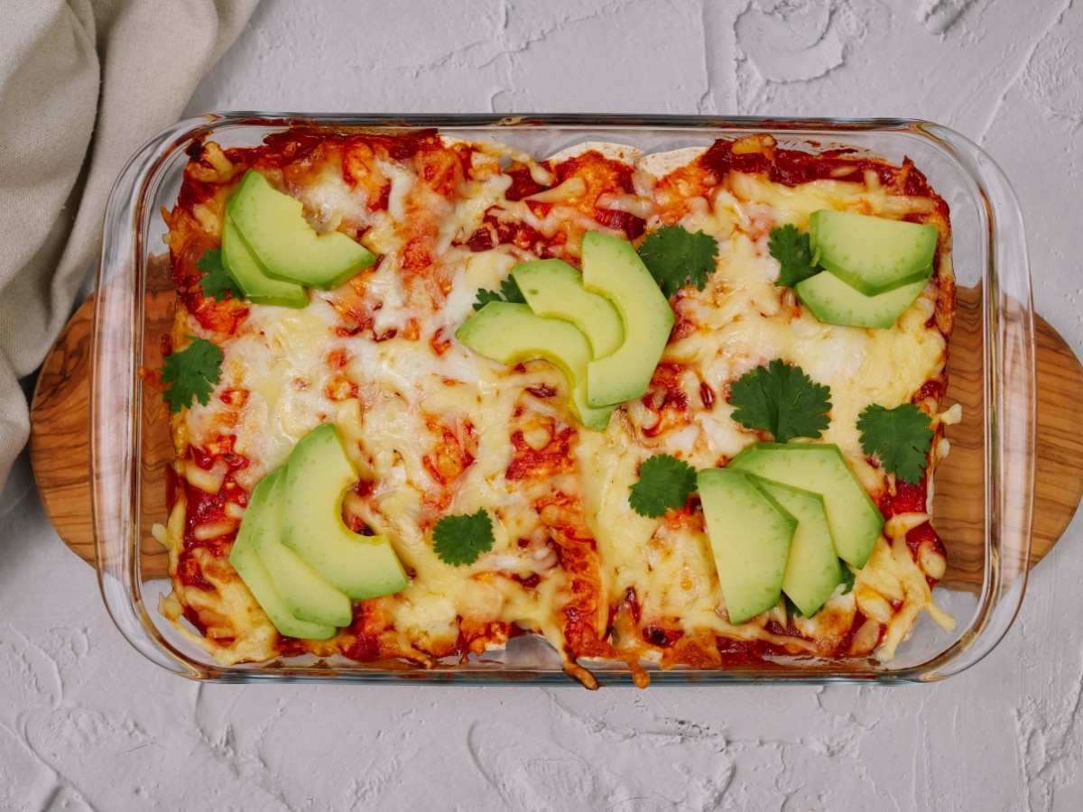 a overhead view of baked chicken enchiladas in a baking dish topped with cheese, cilantro, and avocado slices