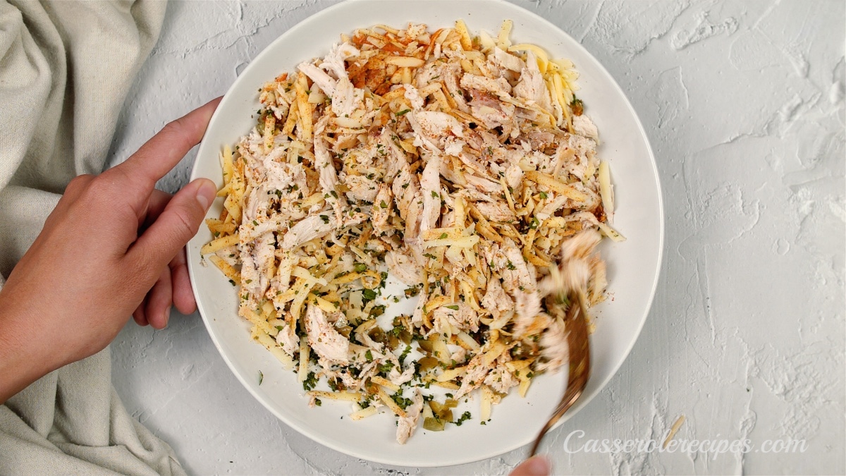 a white plate with shredded chicken being held by a hand on a white surface