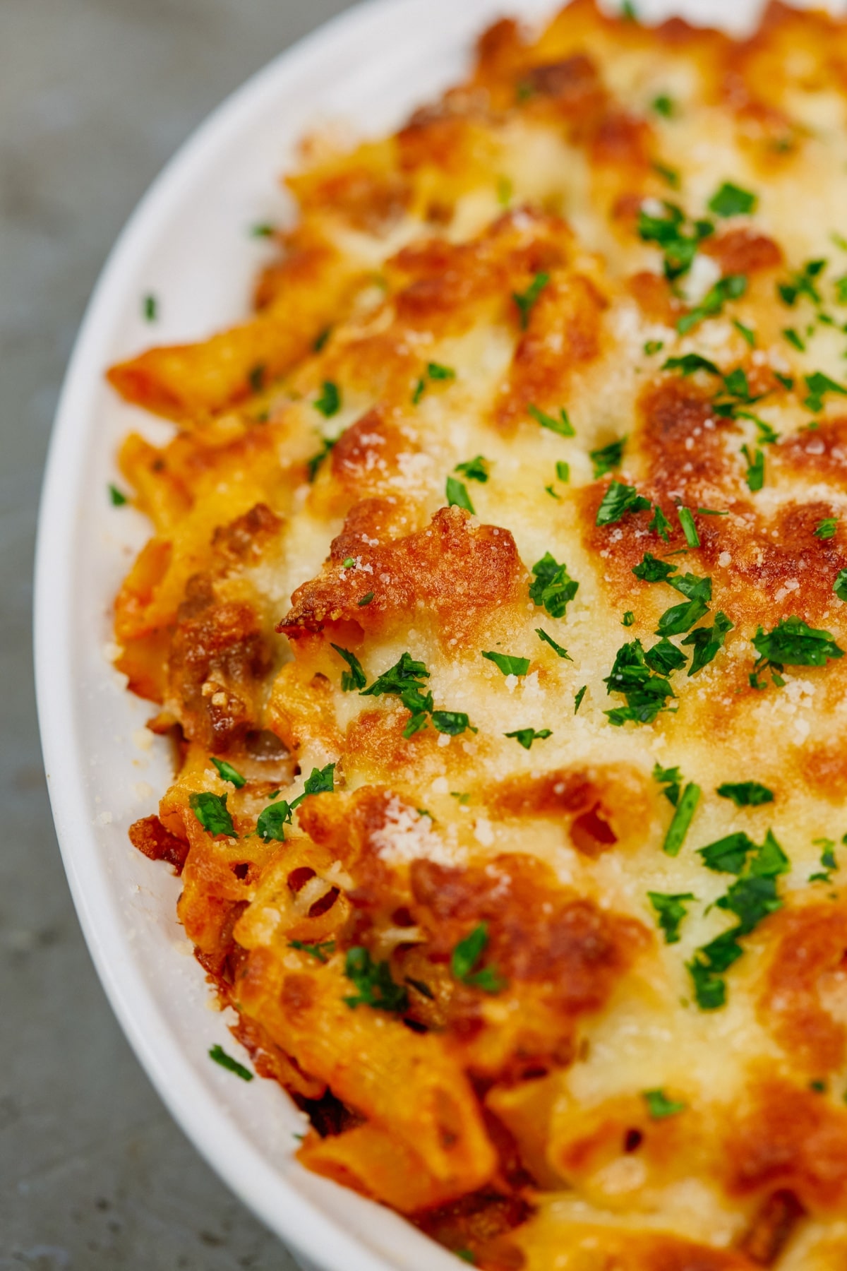 baked ziti casserole in a baking dish