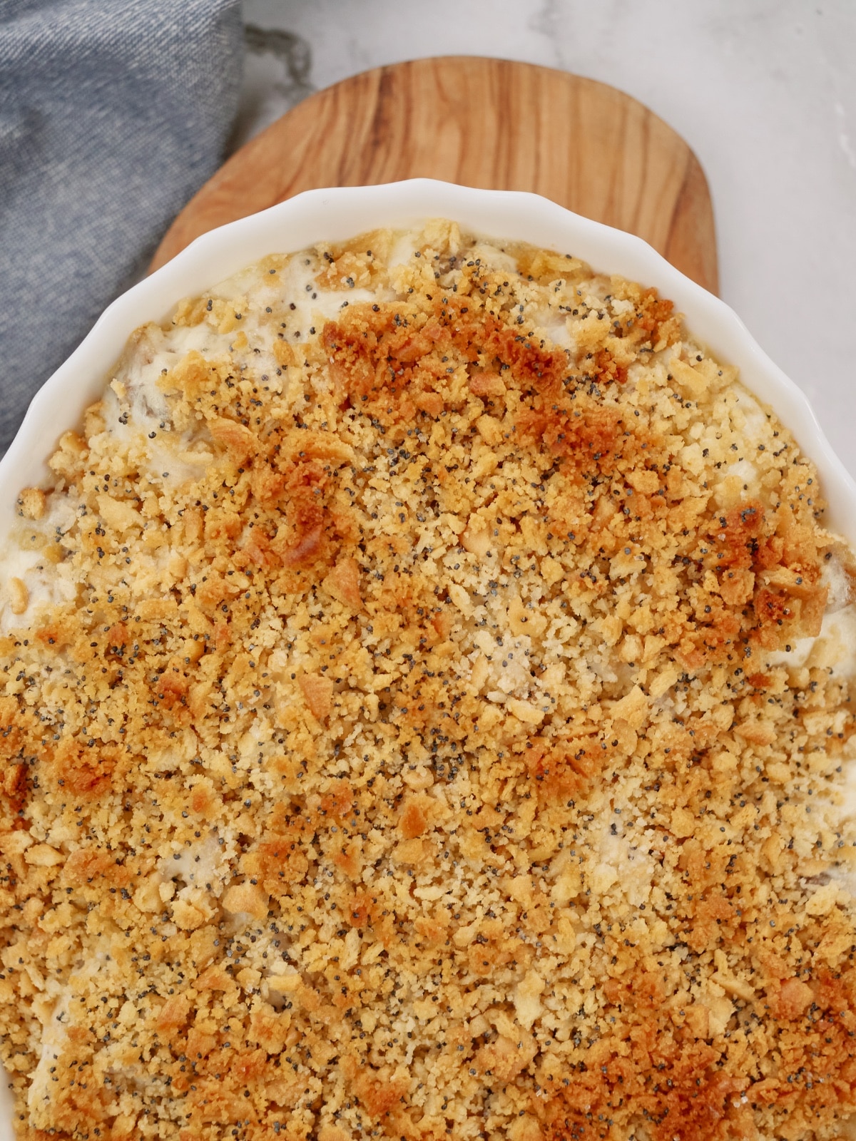 chicken and poppy seed casserole in a baking dish