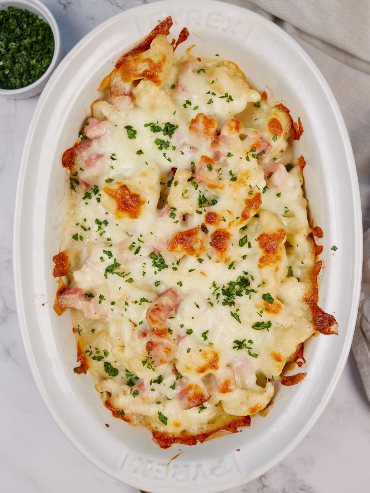 ham and cauliflower casserole out of a baking dish