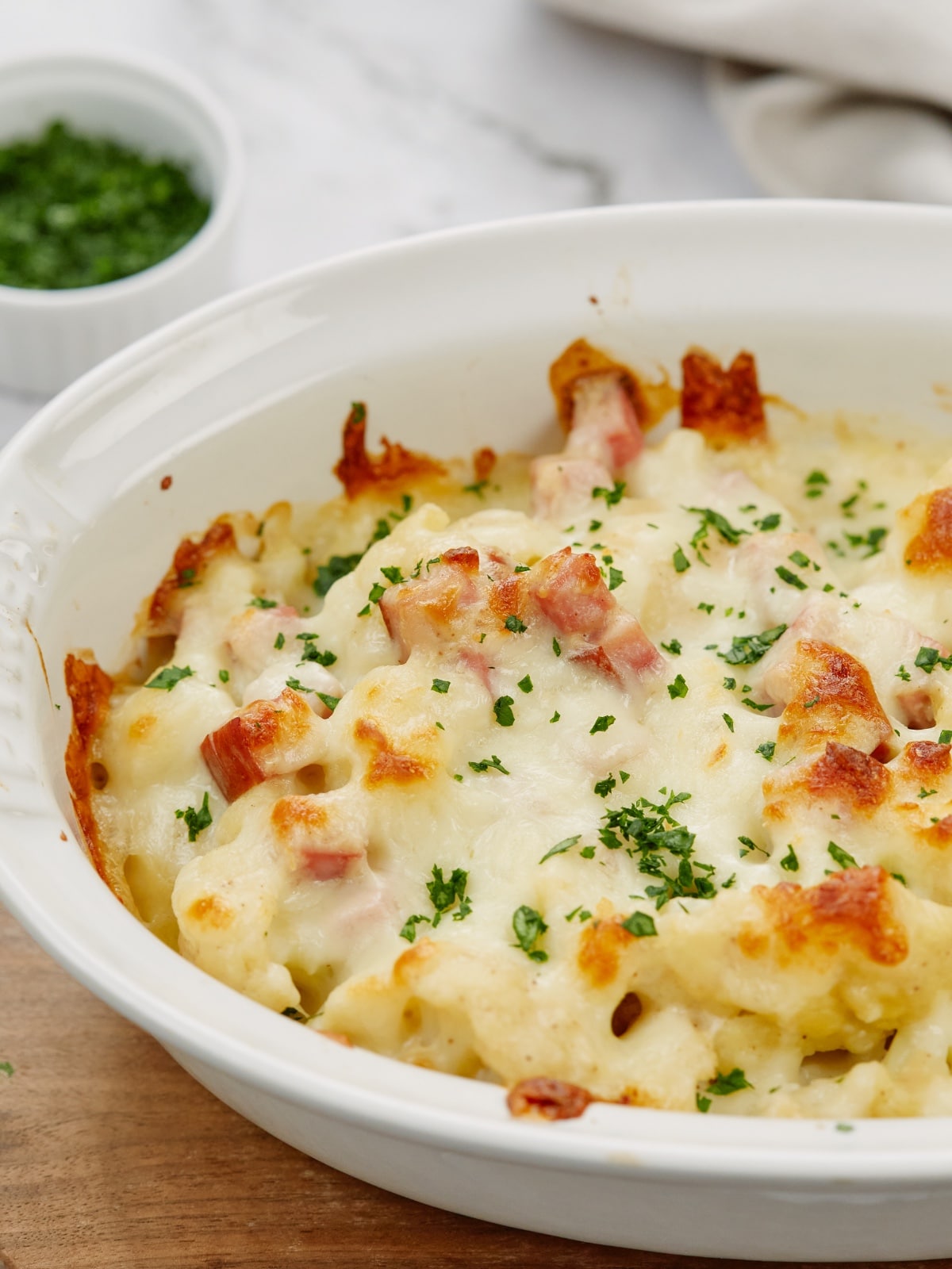ham and cauliflower casserole out of a baking dish