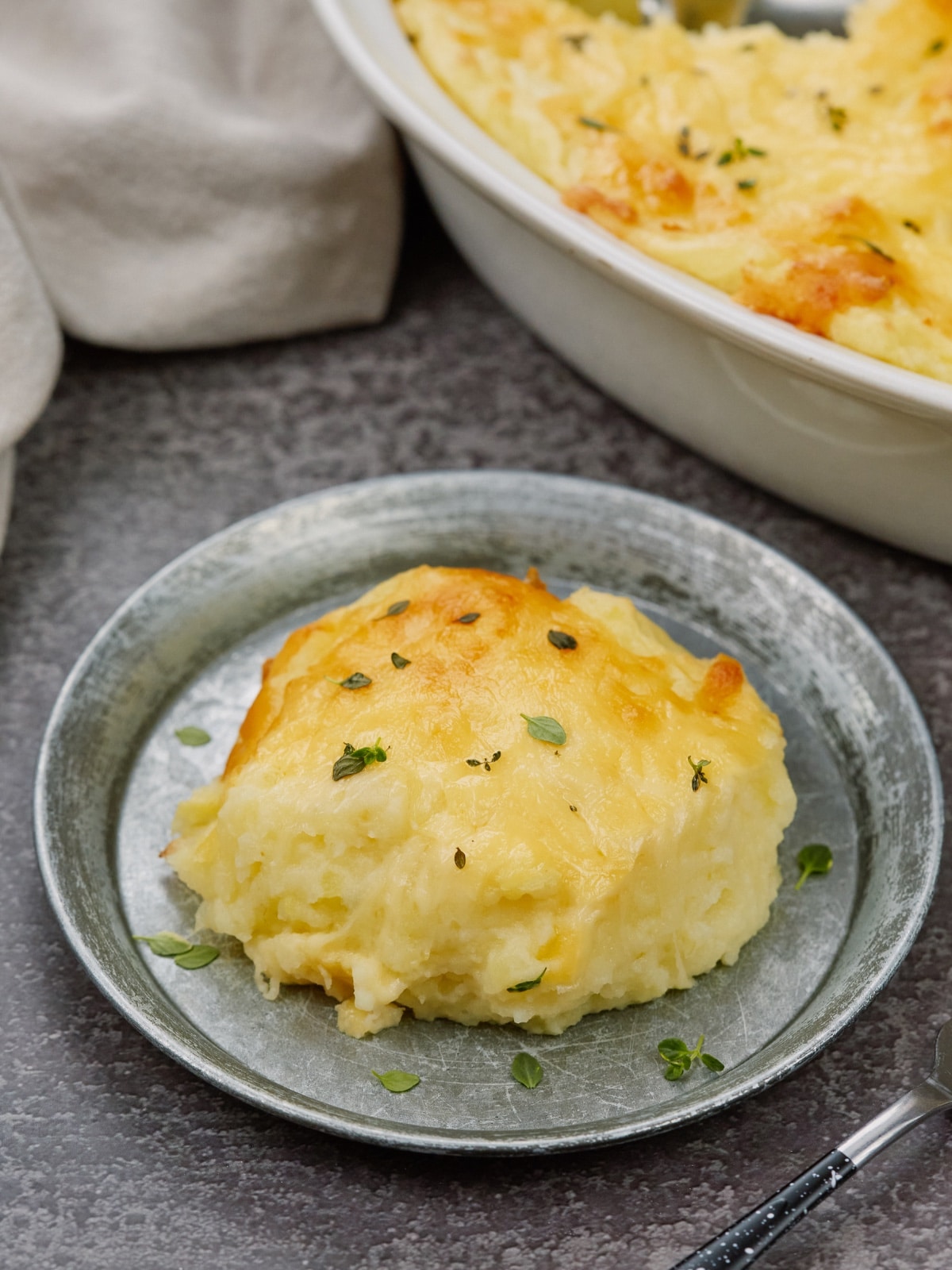 a serving of mashed potato casserole on a plate