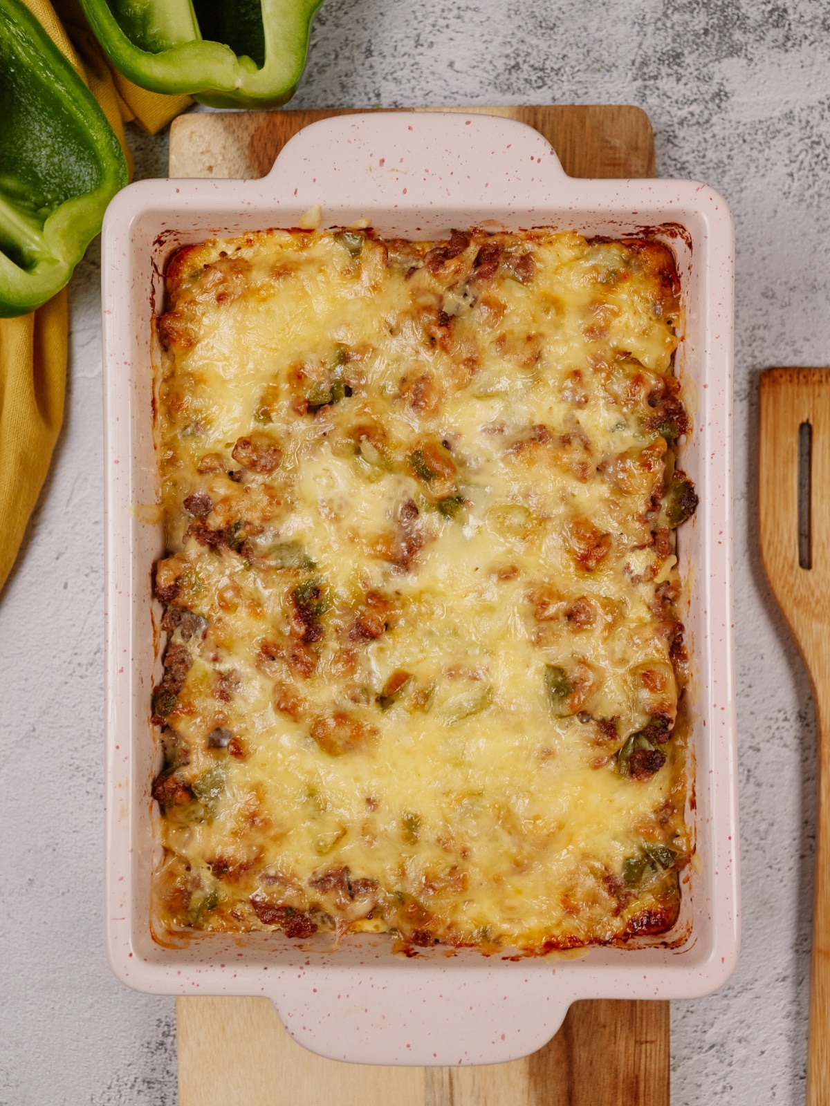 philly cheesesteak casserole in a baking dish