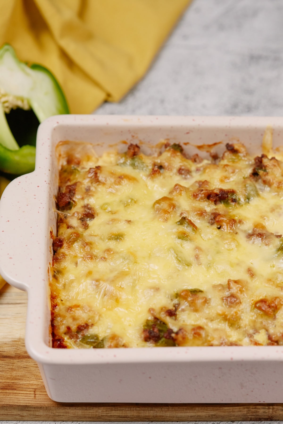 philly cheesesteak casserole in a baking dish
