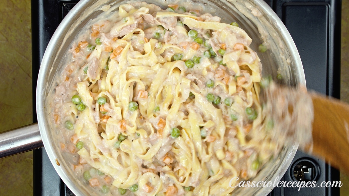 noodles tossed in the creamy tuna vegetable mixture