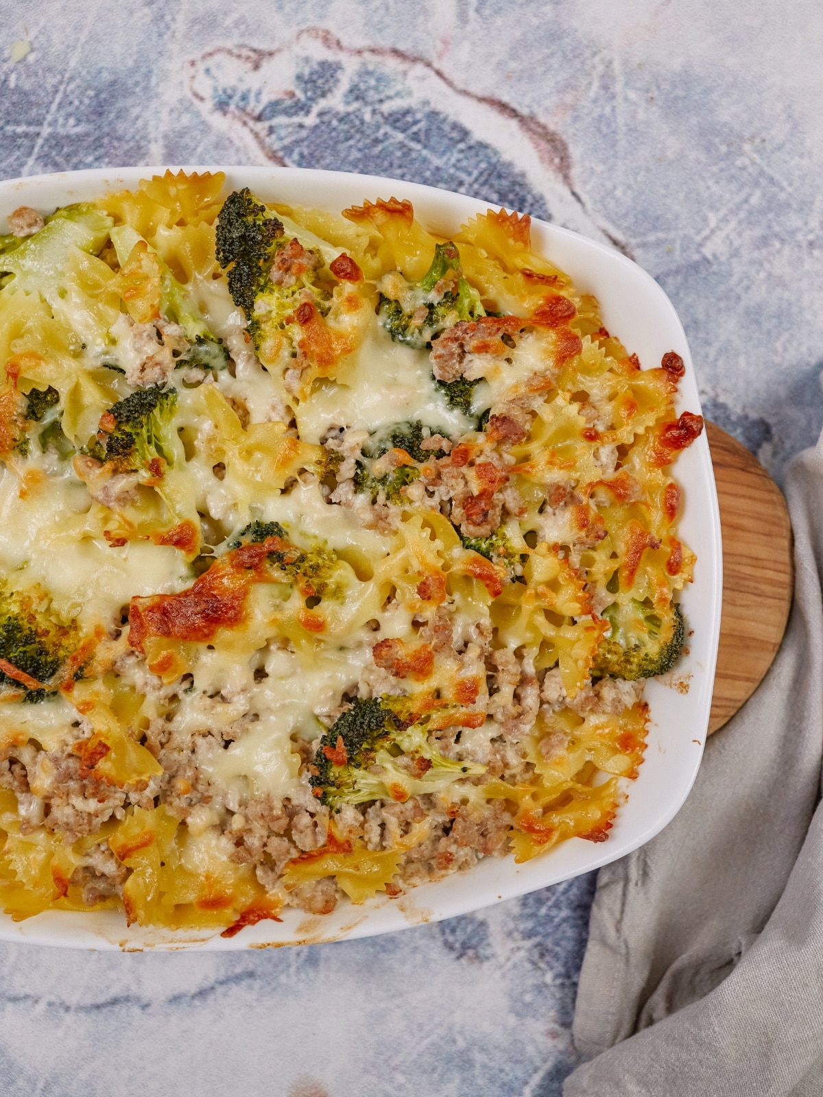 turkey and pasta casserole in a baking dish