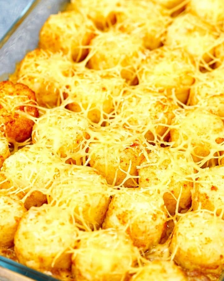tater tot casserole in a glass tray