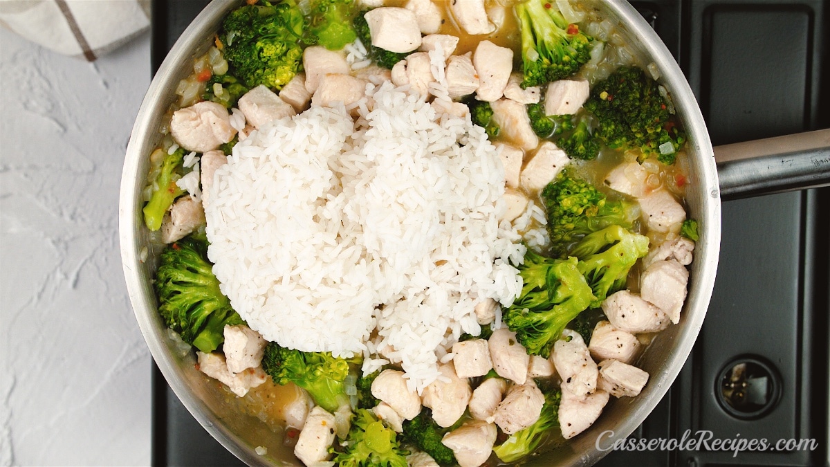 rice added to broccoli and chicken
