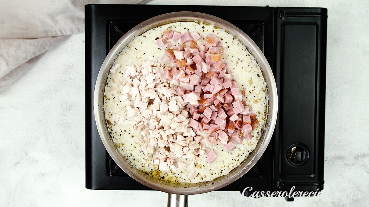 chicken and ham added to pan