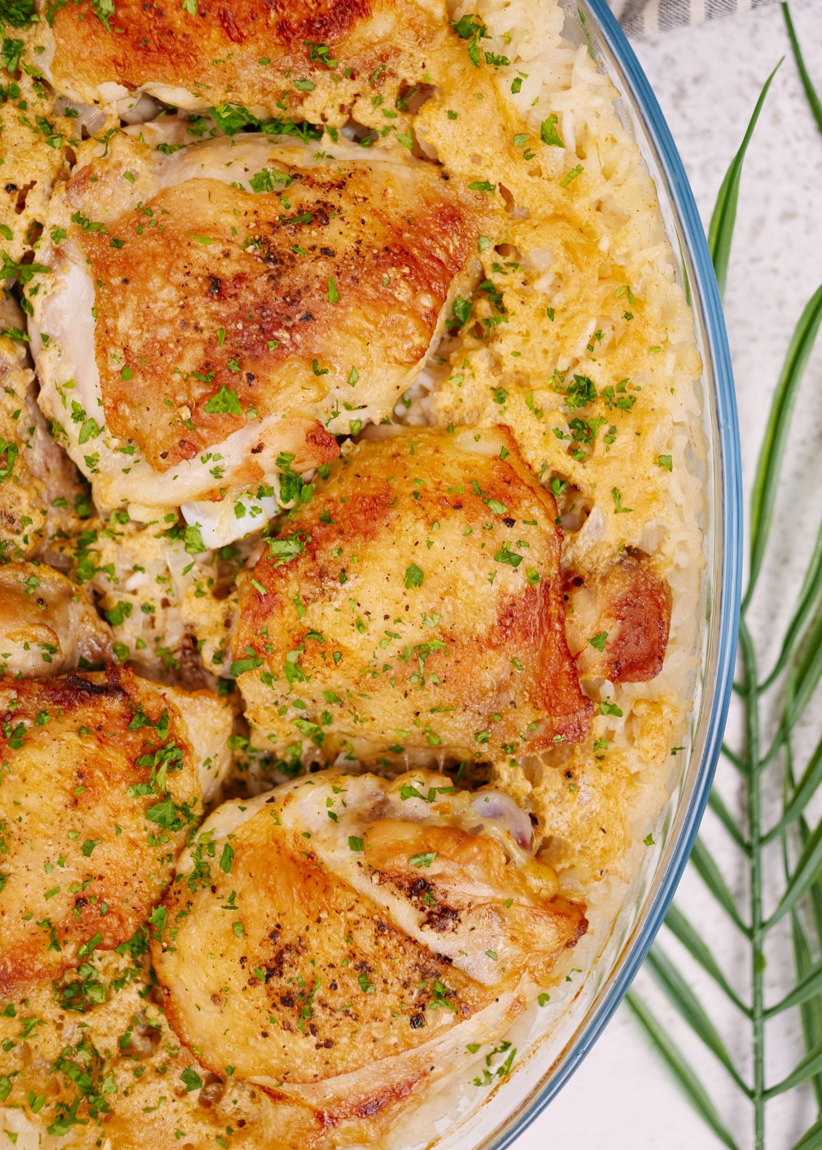 chicken and coconut rice casserole in baking dish