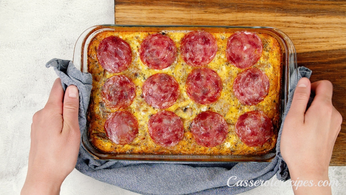 pepperoni pizza casserole in a baking dish