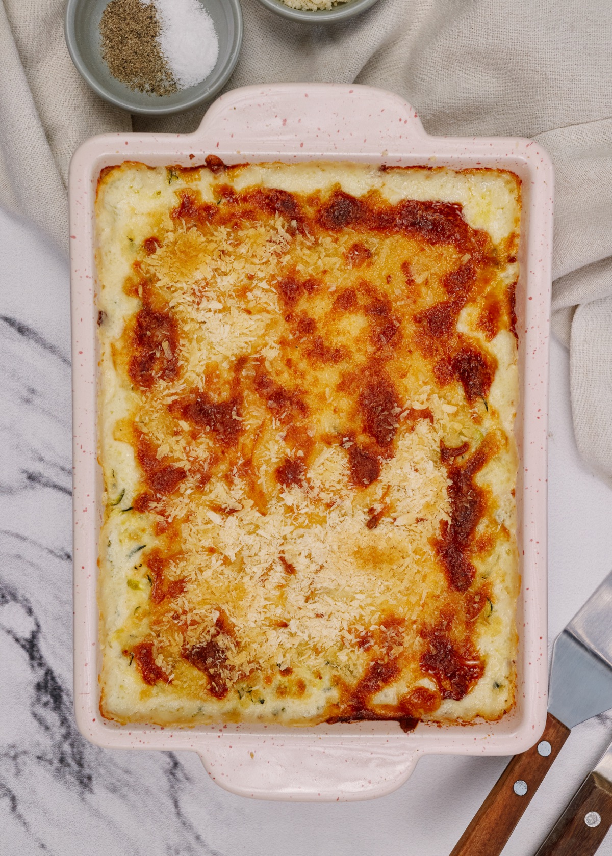 squash casserole in a baking dish