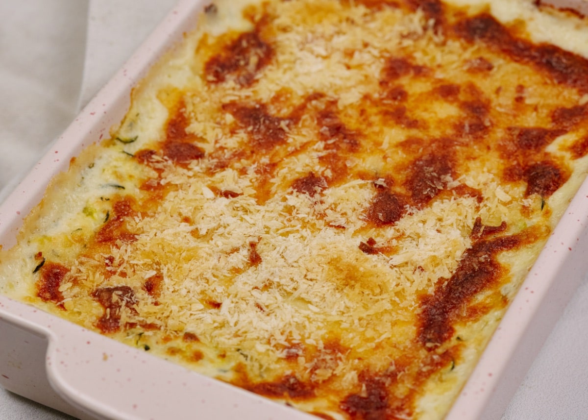 squash casserole in a baking dish