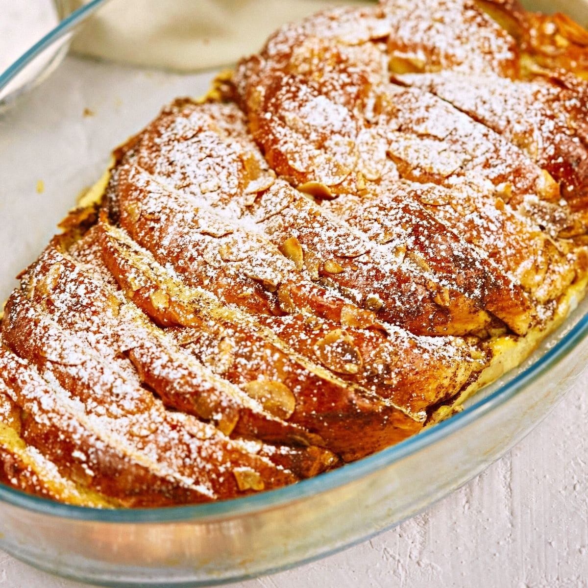 French toast casserole in a glass dish