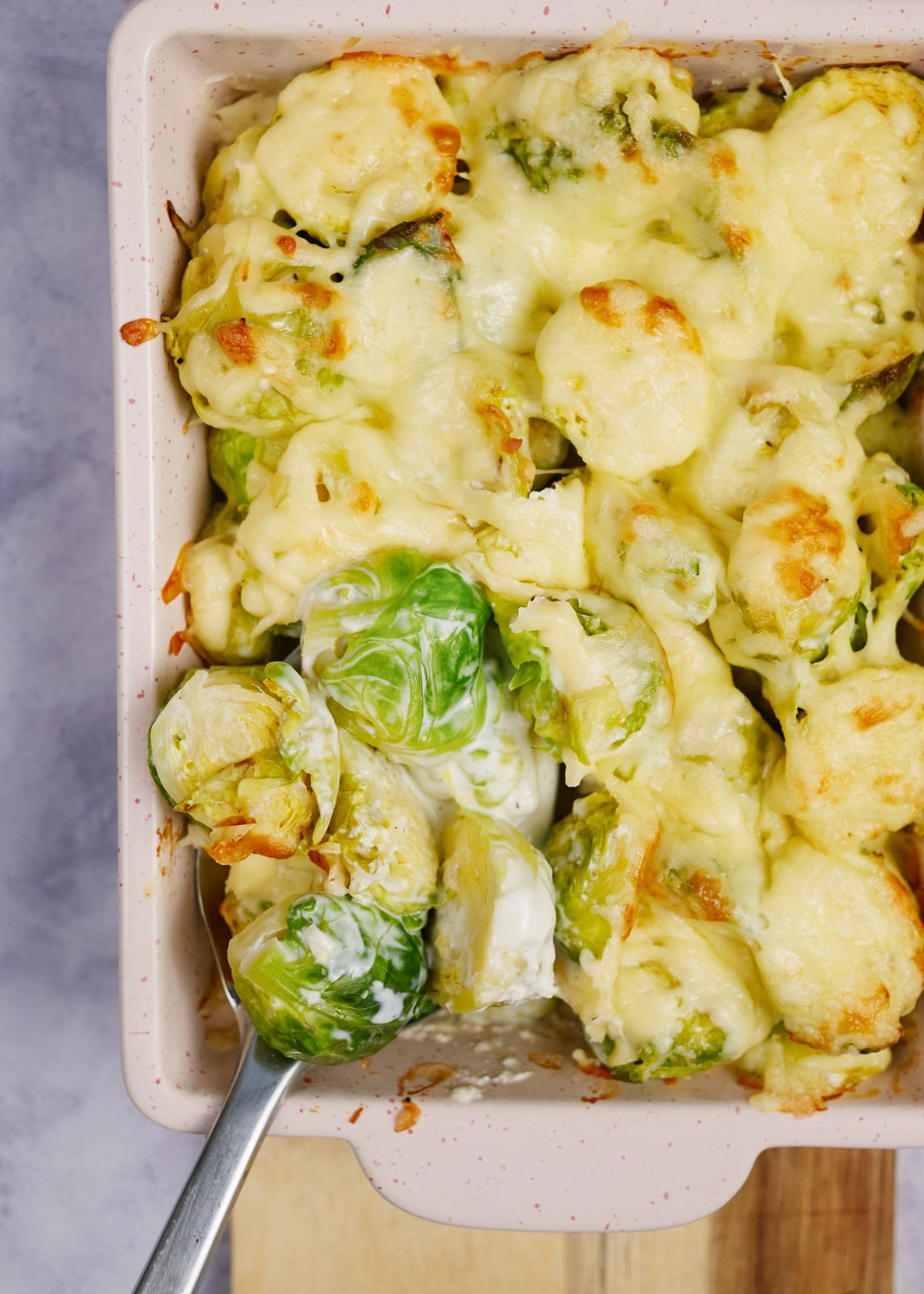 baked creamy brussel sprout casserole in a pink baking dish