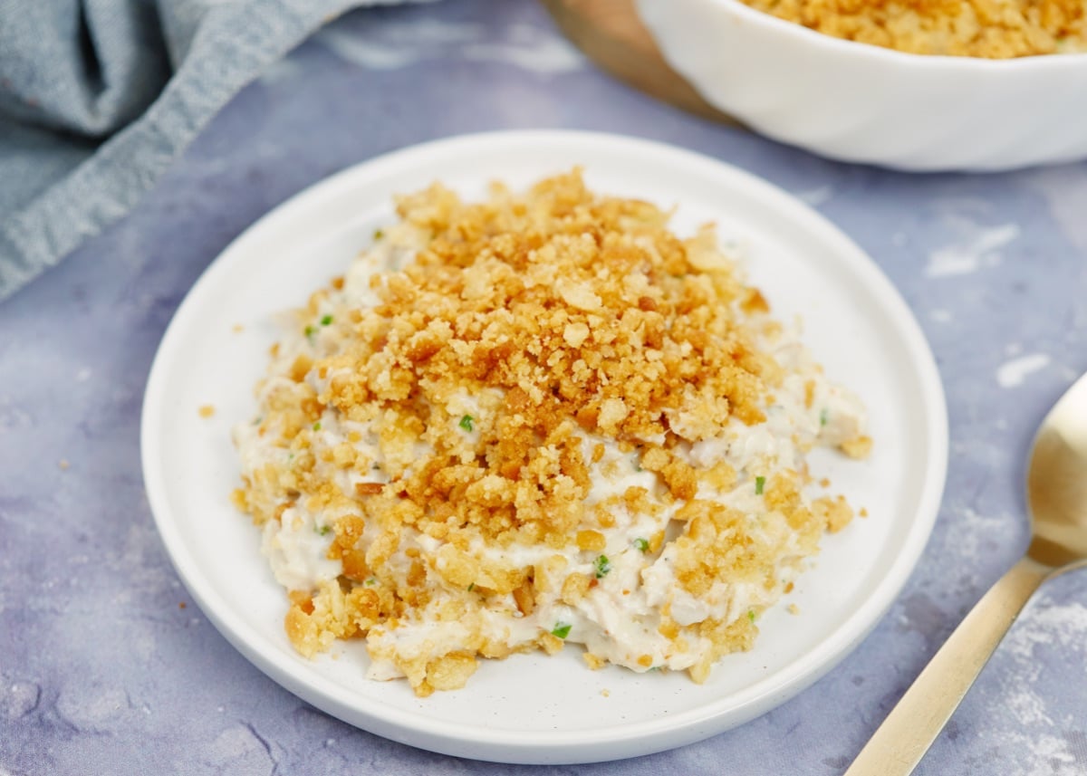 baked creamy ritz casserole on a white plate