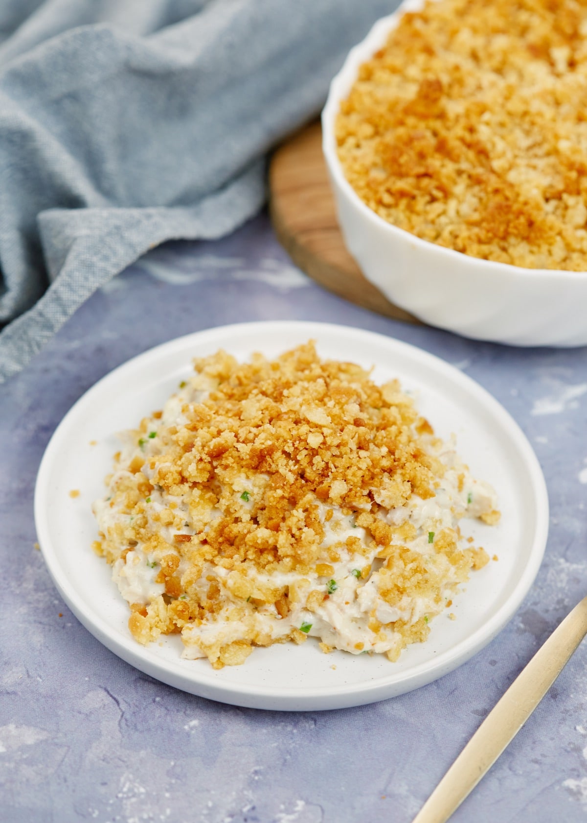 baked creamy ritz casserole on a white plate