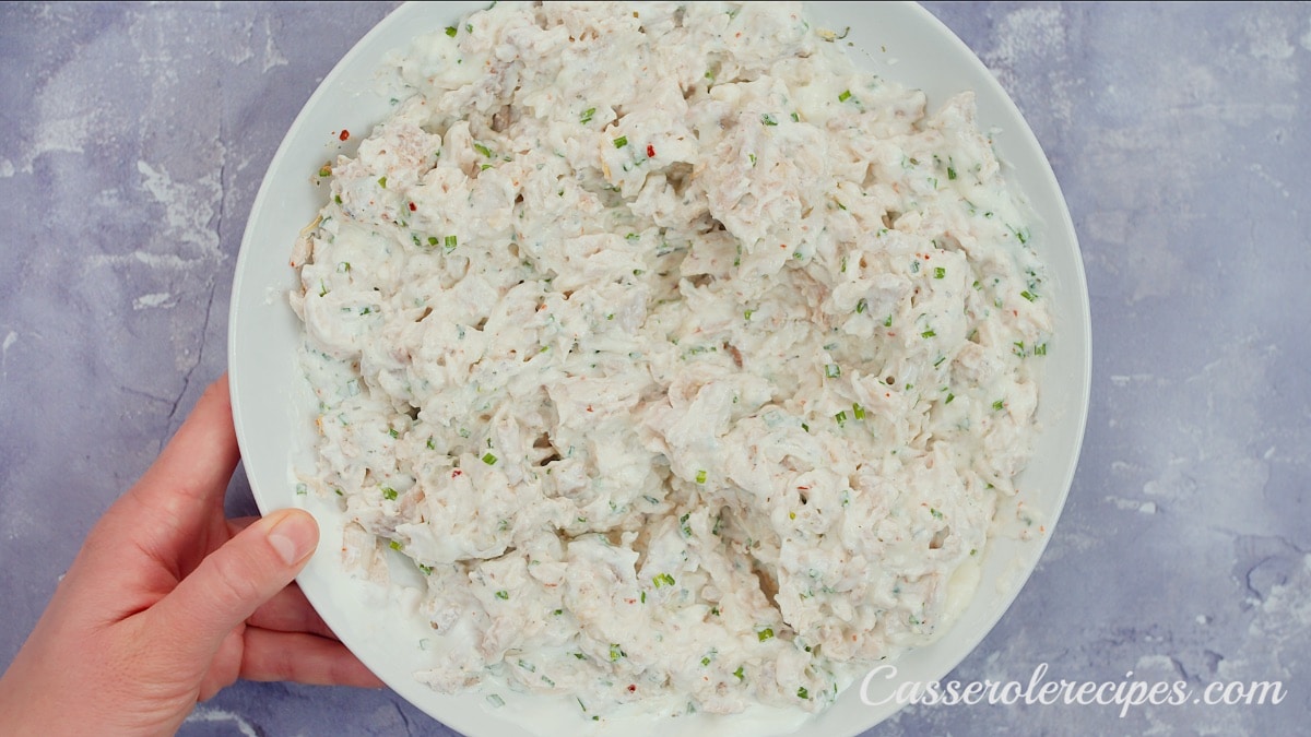 a bowl of chicken mixed with sauce and herbs