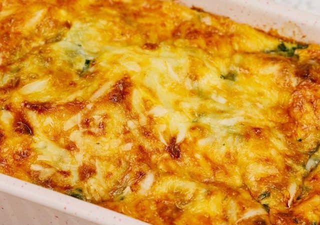 baking dish of hashbrown and spinach breakfast casserole