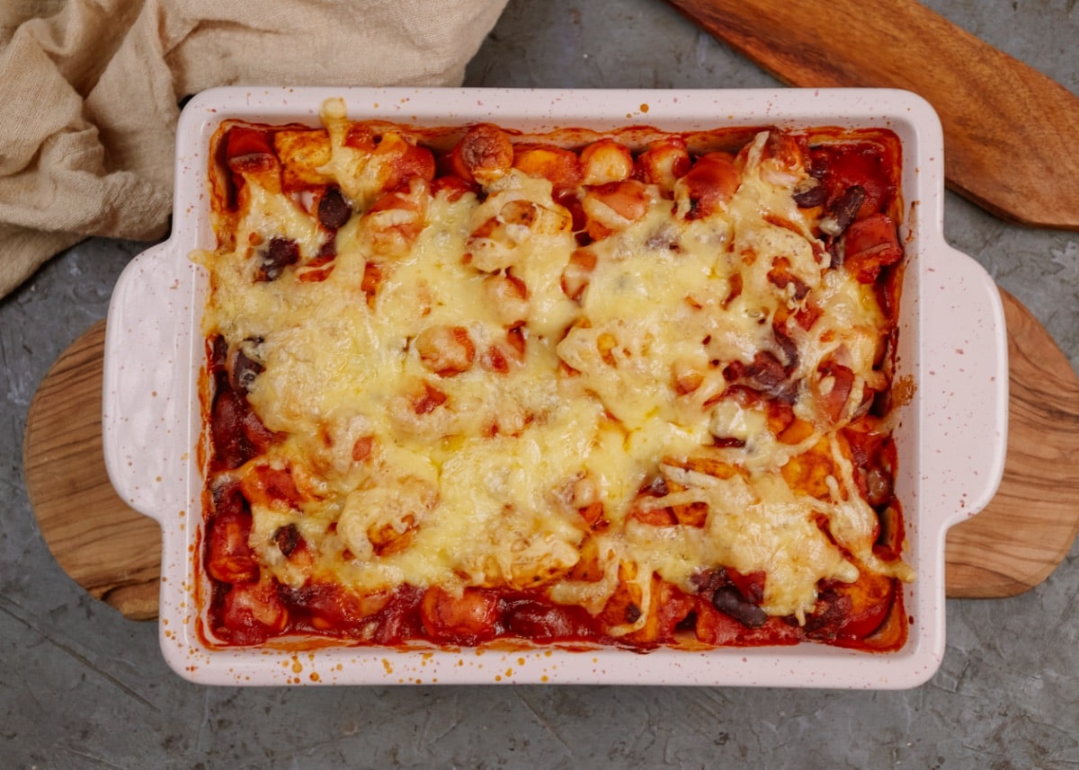 baked Mexican biscuit casserole in a baking dish