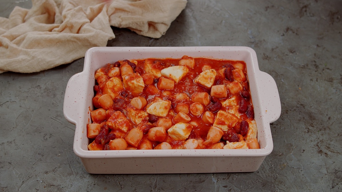 baking dish with Mexican biscuit casserole