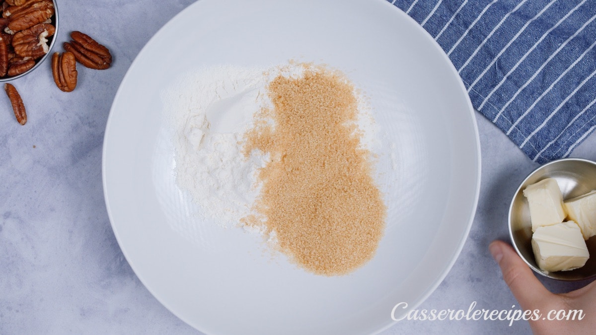 salt, flour, and brown sugar in a white bowl