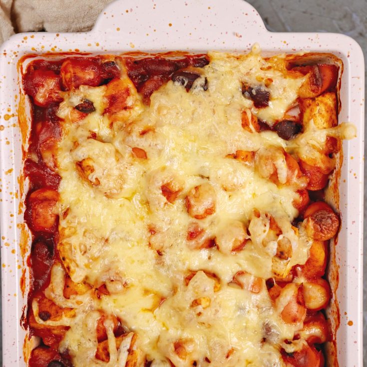 hot dog casserole in baking dish