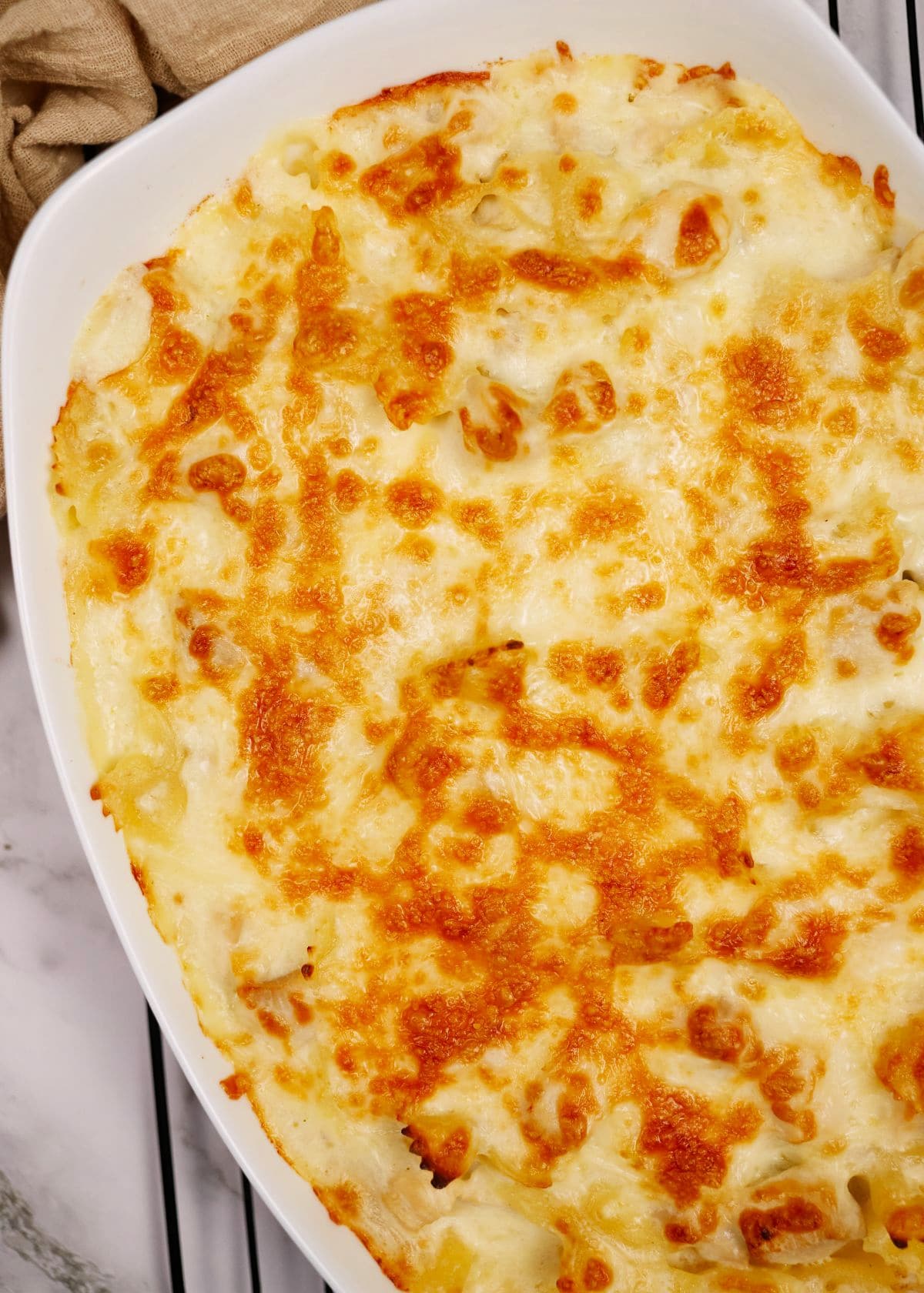 white casserole dish of pasta with browned cheese on top