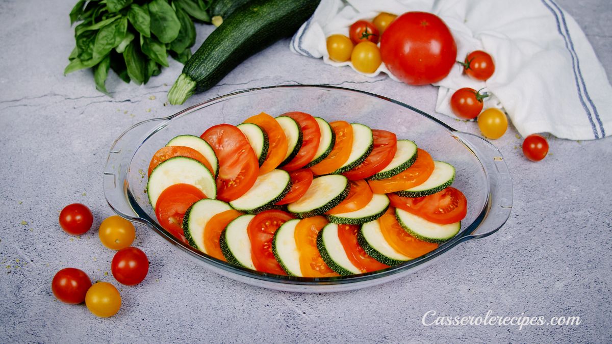 zucchini and tomato in layers in oval glass baking dish