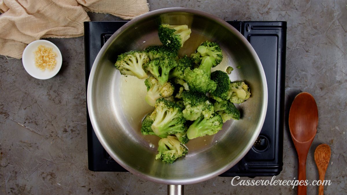 raw broccoli in skillet
