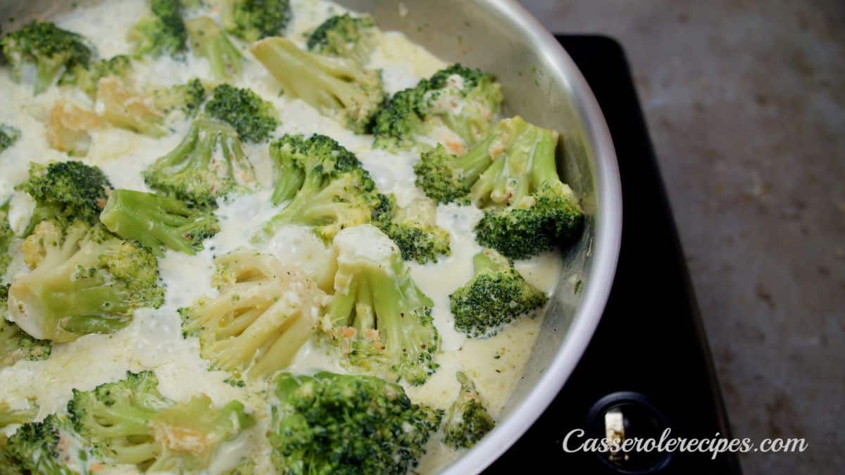 broccoli in cream sauce in skillet