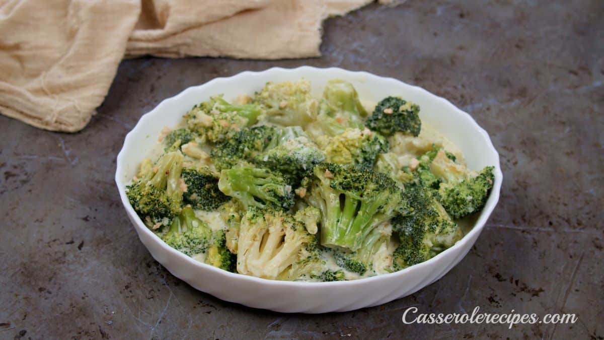 broccoli in casserole dish on gray table