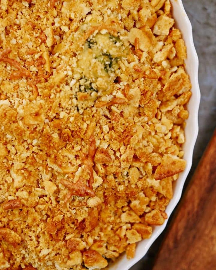 image looking down on casserole topped with crackers