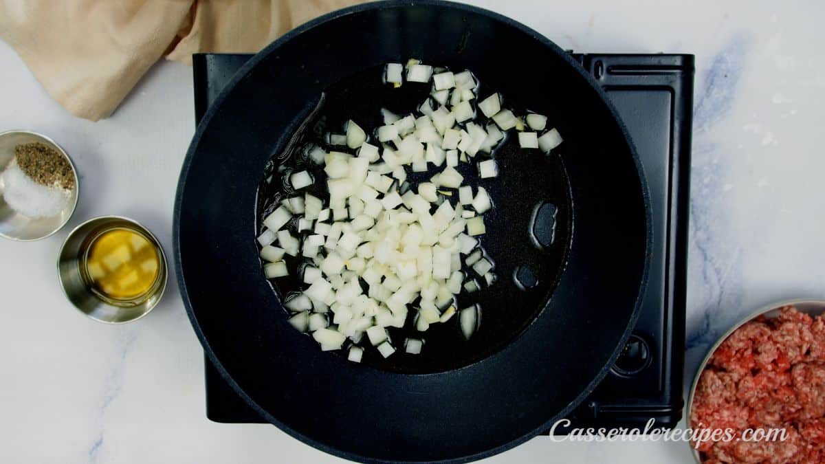 onions in skillet on top of hot plate on marble table