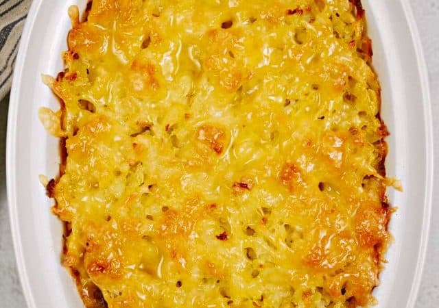 oval white dish of hamburger potato casserole