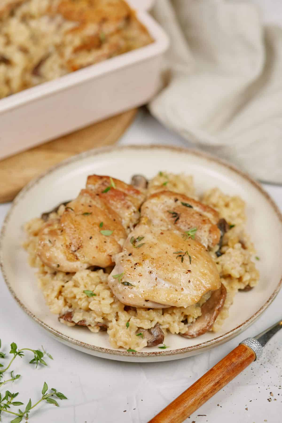 cream and light brown bowl of chicken fricassee casserole
