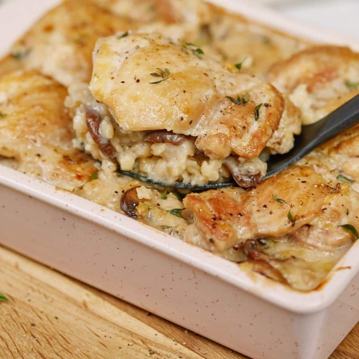 white baking dish of chicken fricassee casserole with black spoon in the side