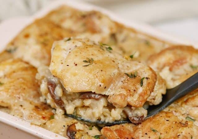 white baking dish of chicken fricassee casserole with black spoon in the side
