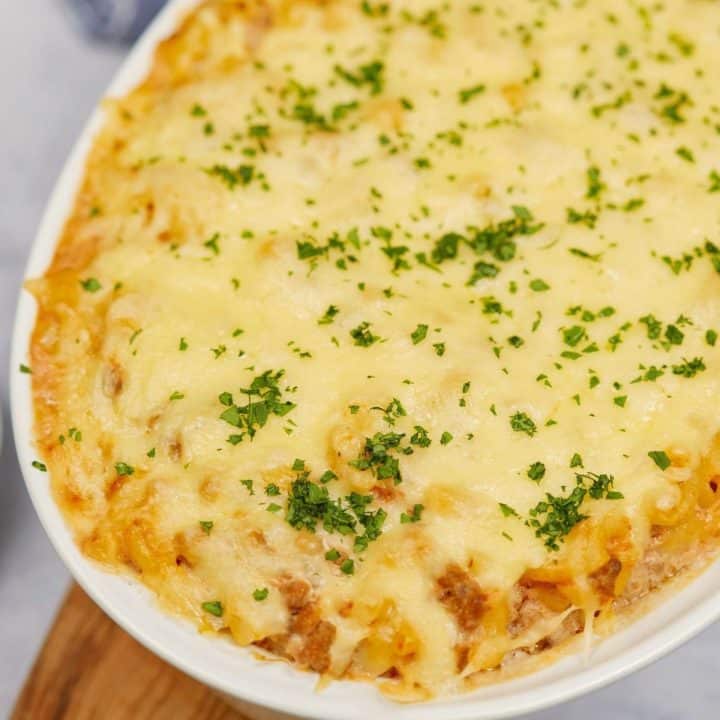 oval white dish of old-fashioned hamburger casserole