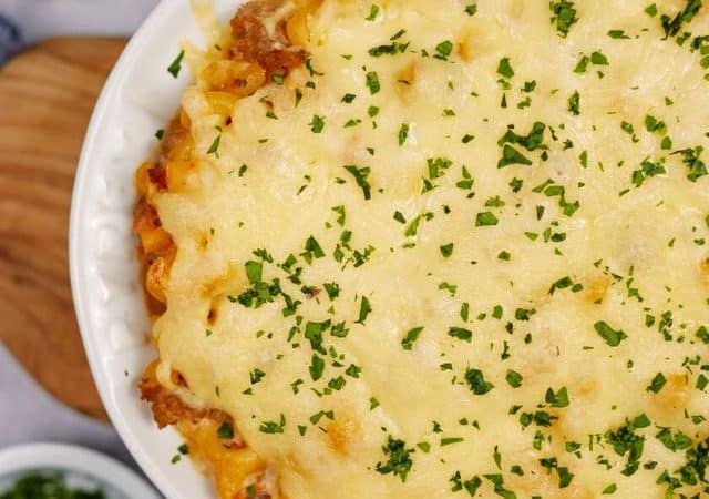 oval white dish of old-fashioned hamburger casserole