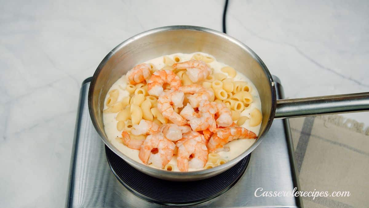 shrimp in saucepan with pasta and sauce