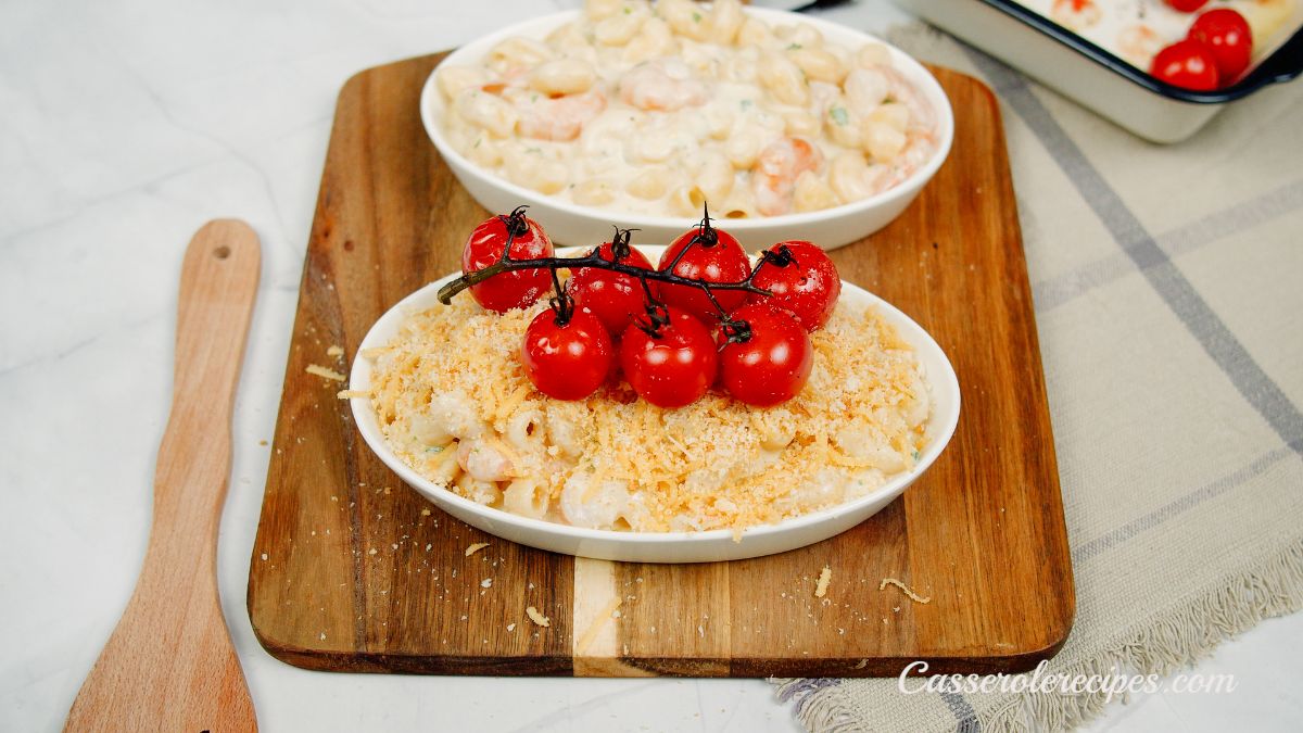 ramekins of shrimp and pasta casserole on cutting board before baking