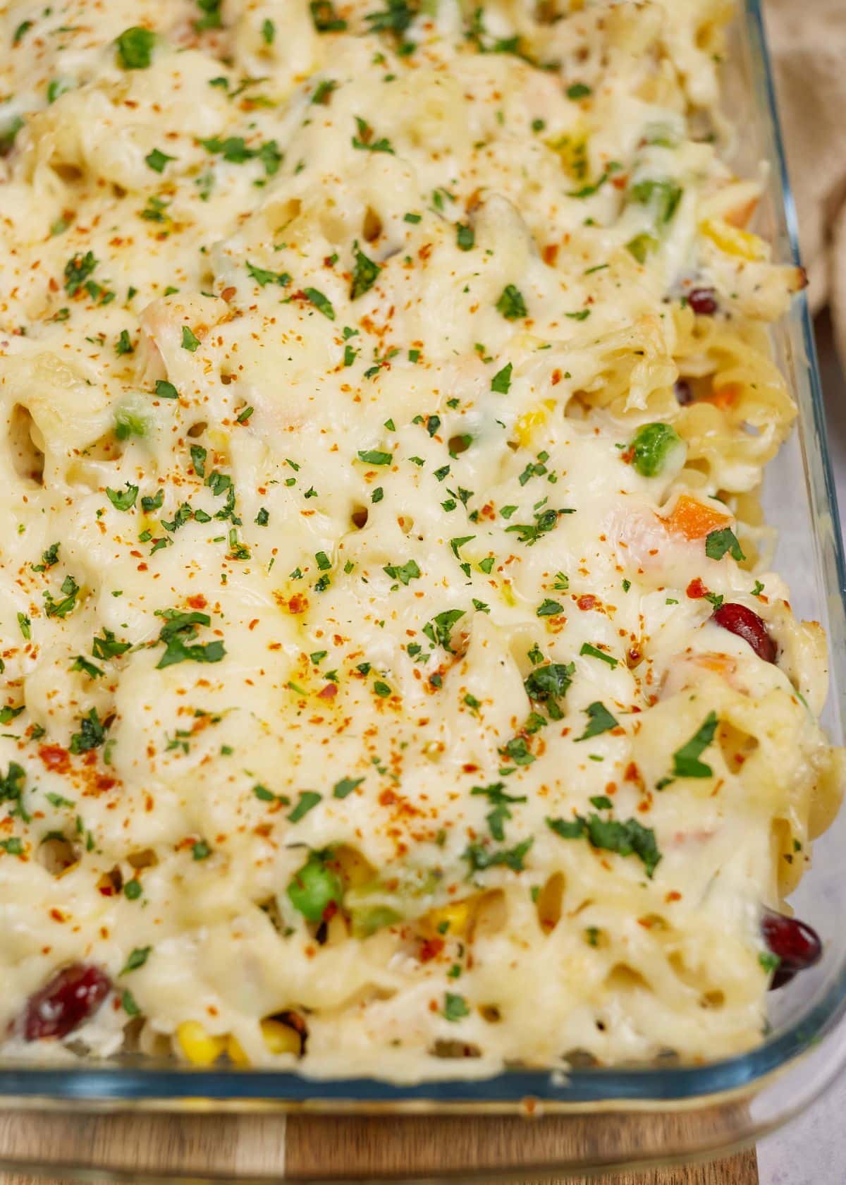 glass baking dish filled with turkey noodle casserole