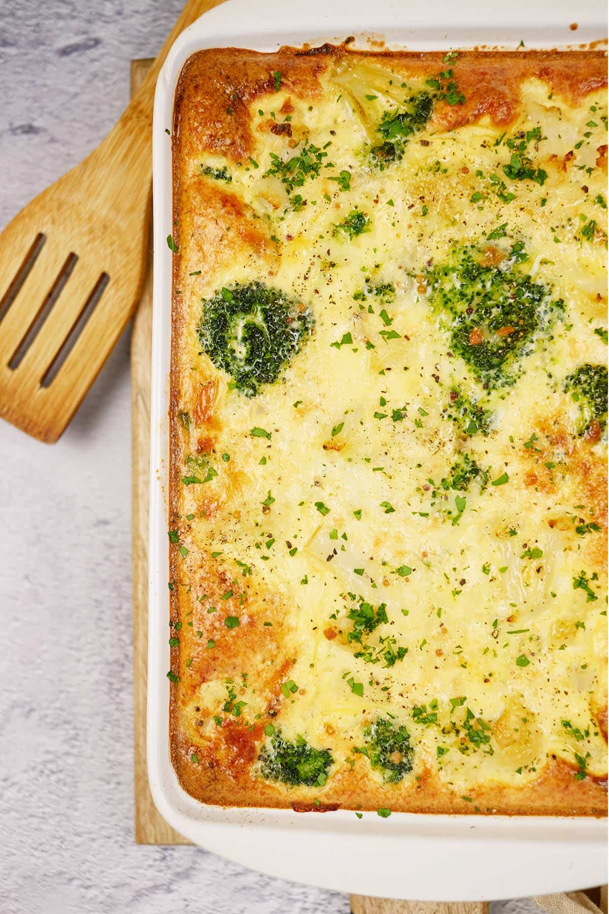 Crustless Quiche with Broccoli and Cauliflower in a baking dish fresh from the oven