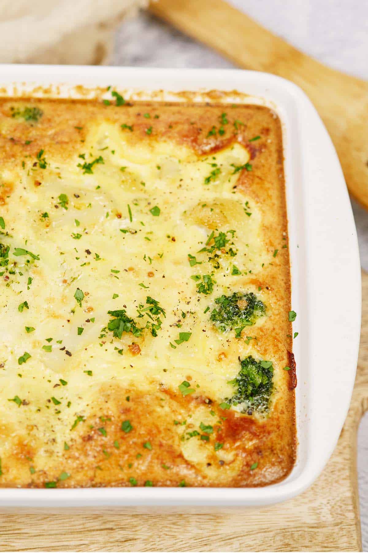 Crustless Quiche with Broccoli and Cauliflower in a baking dish ready to serve