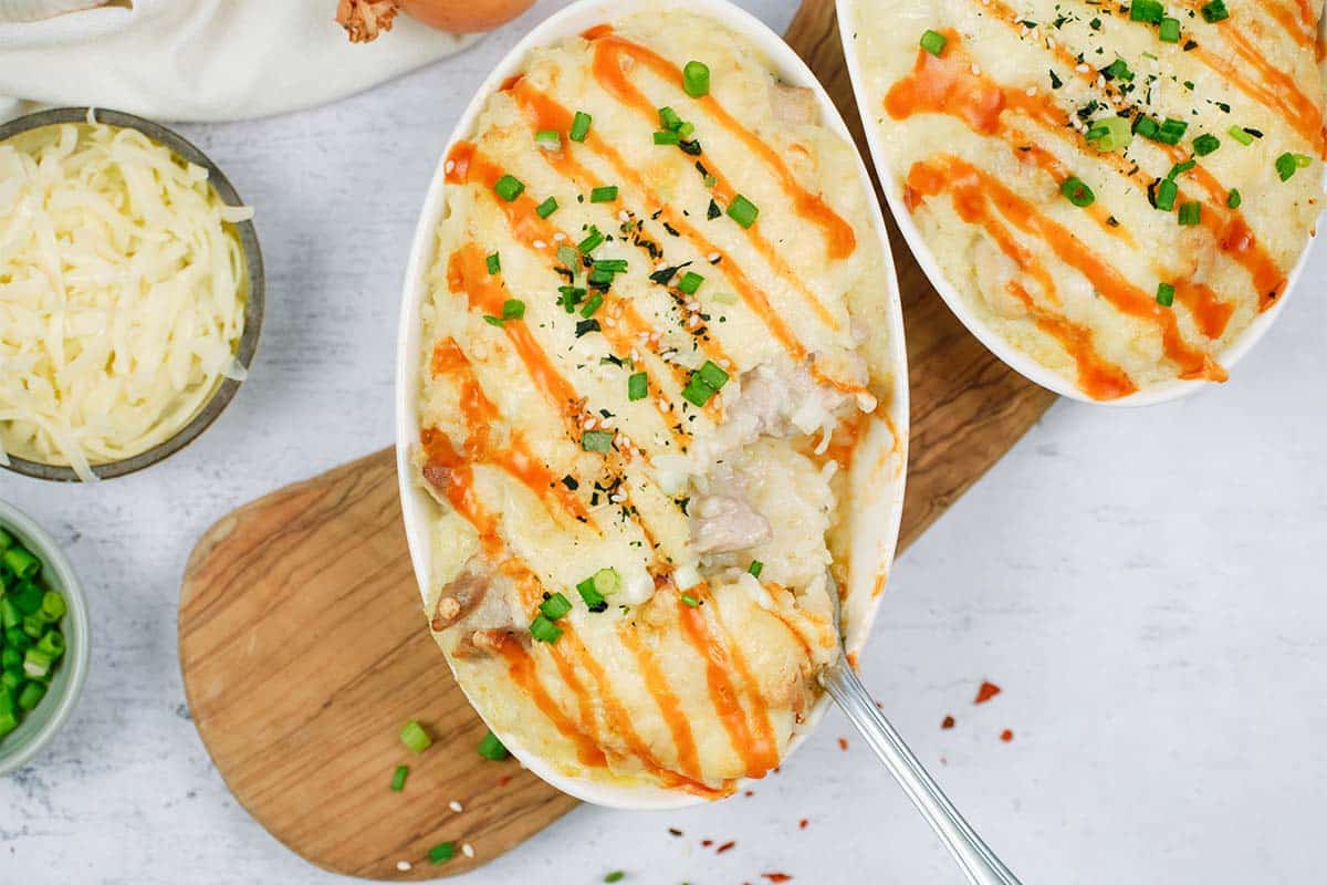 casserole dish full of Japanese Rice Gratin