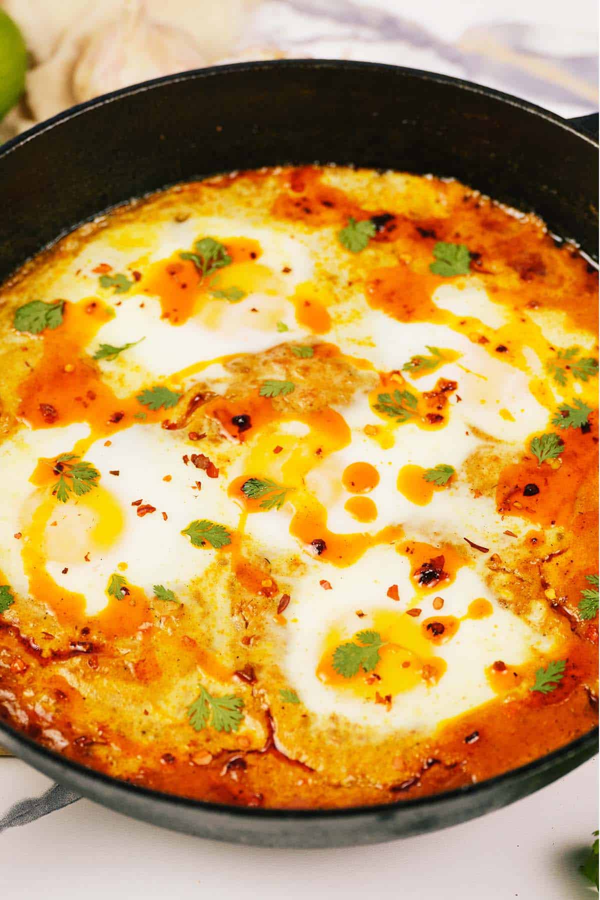 closeup of a casserole dish filled with North Indian Baked Eggs