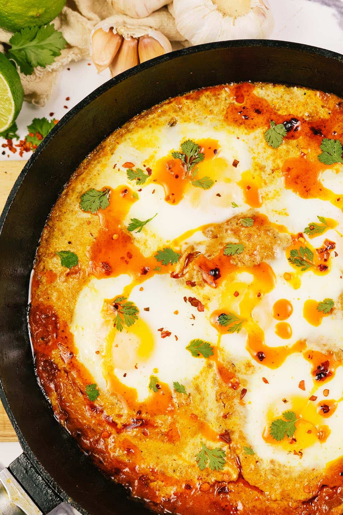 casserole dish filled with North Indian Baked Eggs