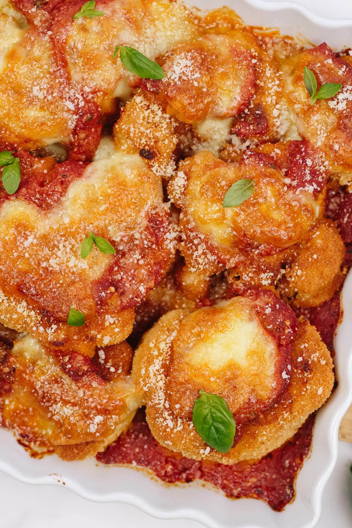 closeup of cauliflower parmesan casserole in a dish